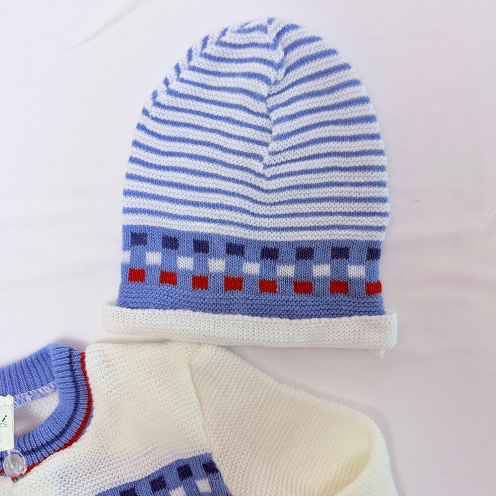 Vintage 80s Confetti Knits Knit Striped Cardigan & Matching Hat Set Sz 0-6 mo - Picture 3 of 9